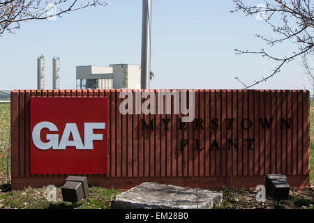 A logo sign outside a facility operated by GAF Materials Corporation in Myerstown, Pennsylvania. Stock Photo