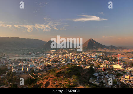 Aerial view of Pushkar city at sunrise, Rajasthan, India Stock Photo