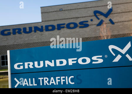 A logo sign outside of a facility operated by Grundfos in Allentown, Pennsylvania. Stock Photo