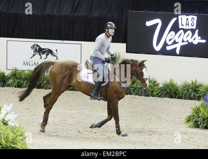 Las Vegas, Nevada, USA. 15th Apr, 2015. Rich Fellers of the United States and his horse Flexible are seen during the 2015 FEI LONGINES FEI World Cup Jumping training session Wednesday, April 15, 2015 in Las Vegas. Credit:  Bizuayehu Tesfaye/ZUMA Wire/ZUMAPRESS.com/Alamy Live News Stock Photo