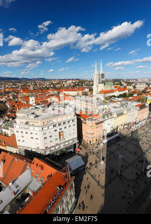 Zagreb aerial view. Jelacic square and Zagreb Cathedral. Stock Photo