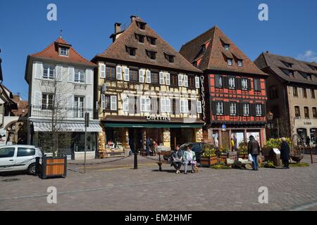 Half-timbered houses on the market square, Obernai, Bas-Rhin, Alsace, France Stock Photo