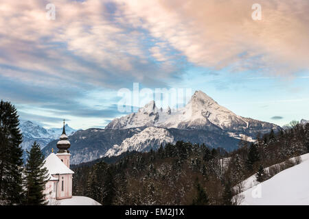Pilgrimage church of Maria Gern in winter, Watzmann behind, Berchtesgaden District, Bavaria, Germany Stock Photo