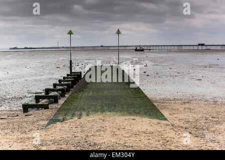 An empty jetty on Southend seafront on a cloudy day. Stock Photo