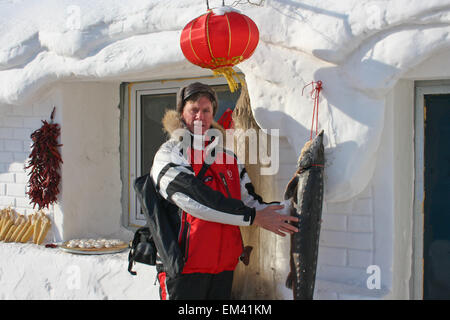 freshly caught sturgeon in Chinese tavern. Stock Photo