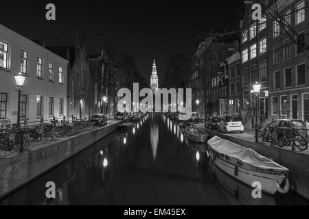 Amsterdam canal at night in black and white Stock Photo
