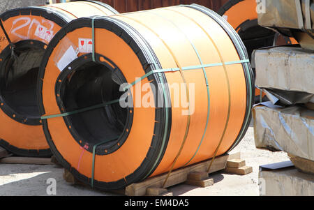 Rolled galvanized steel with polymer coating on the metal rolling stock Stock Photo