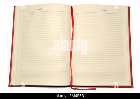Open red agenda or planner with pages on lines and red band in the middle, on the white background Stock Photo
