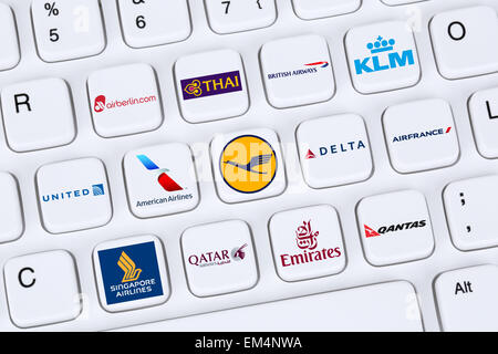 Berlin, Germany - April 7, 2015: Collection of logos of airlines like American, United, Delta, KLM, Lufthansa, British Airways, Stock Photo