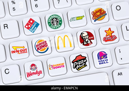 Berlin, Germany - April 7, 2015: Collection of logos of fast food restaurants like Mc Donalds, Burger King, KFC, Starbucks, Pizz Stock Photo