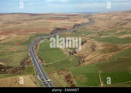aerial view of the M62 motorway as it cuts through the Pennines from Lancashire, UK Stock Photo