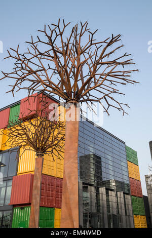 Steel tree sculpture at new Boxpark retail development in Dubai United Arab Emirates Stock Photo