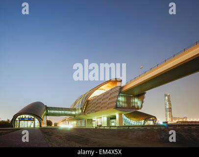 Modern metro railway station at night in Dubai United Arab Emirates Stock Photo