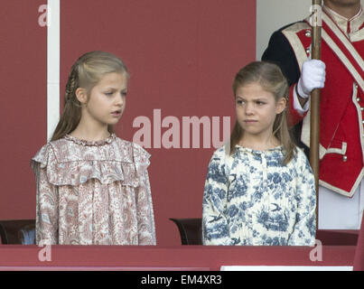 Spain's King Felipe VI and Queen Letizia attend the Spanish National Day military parade in Madrid with their daughters Princesses Leonor and Sofia  Featuring: Princess Leonor,Princess Sofia Where: Madrid, Spain When: 12 Oct 2014 Stock Photo