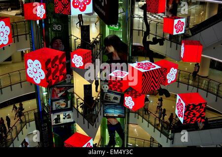 Bangkok, Thailand:  Large red and white cubes representing Sakura cherry blossoms Chinese New Year decorations Stock Photo