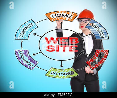 engineer woman drawing website concept on blue background Stock Photo