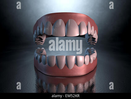 A sinister dramatic depiction of seperated upper and lower sets of human teeth set in gums on a dark eerie spotlit background Stock Photo