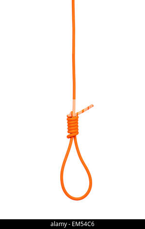 Hanging noose on a orange rope, isolated on white Stock Photo