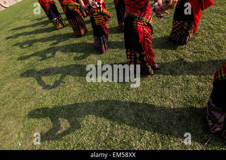 Sivasagar, Assam, India. 16th Apr, 2015. Indian Mising tribal youths perform a 'Bihu Dance' during Rongali Bihu celebrations in Sivasagar district of northeastern Assam state on April 16, 2015. The Rongali Bihu Festival is held in the first month of the Assamese calendar marking the begining of the Assamese New Year, which coincides with the start of spring in the Indian state of Assam. © Luit Chaliha/ZUMA Wire/ZUMAPRESS.com/Alamy Live News Stock Photo