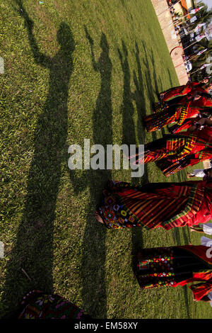 Sivasagar, Assam, India. 16th Apr, 2015. Indian Mising tribal youths perform a 'Bihu Dance' during Rongali Bihu celebrations in Sivasagar district of northeastern Assam state on April 16, 2015. The Rongali Bihu Festival is held in the first month of the Assamese calendar marking the begining of the Assamese New Year, which coincides with the start of spring in the Indian state of Assam. © Luit Chaliha/ZUMA Wire/ZUMAPRESS.com/Alamy Live News Stock Photo