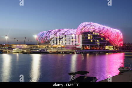 Yas Viceroy Hotel illuminated at night in Yas Marina on Yas Island Abu Dhabi United Arab Emirates Stock Photo