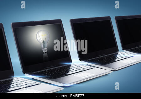 many laptop computers with blank black screens Stock Photo