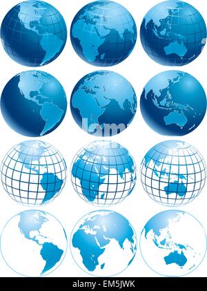 Vector illustration of three different shiny blue Earth globes with different appearance Stock Vector