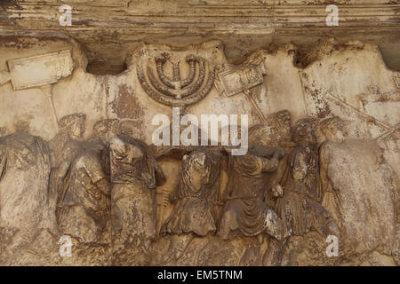 Italy. Rome. Arch of Titus. Constructed in 82 AD by the emperor Domitian to commemorate Titus' victories. Spoil of Jerusalem. Stock Photo