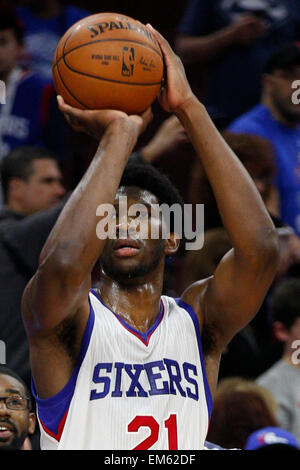 April 15, 2015: Philadelphia 76ers center Joel Embiid (21) in action during warm-ups prior to the NBA game between the Miami Heat and the Philadelphia 76ers at the Wells Fargo Center in Philadelphia, Pennsylvania. The Miami Heat won 105-101. Stock Photo