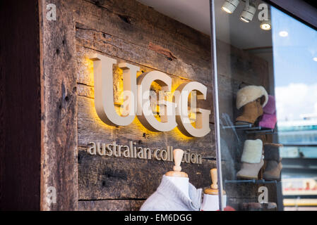 SYDNEY, AUSTRALIA - FEBRUARY 12, 2015: Detail of the UGG Australia store in Sydney, Australia. UGG Australia is an American foot Stock Photo