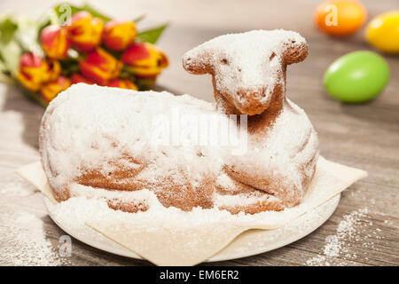 Easter lamb and tulips Stock Photo