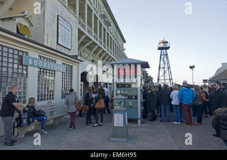 Alcatraz, crowd of tourist gather in front of Prison entrance after leaving boat from San Francisco. Ranger giving introduction. Stock Photo