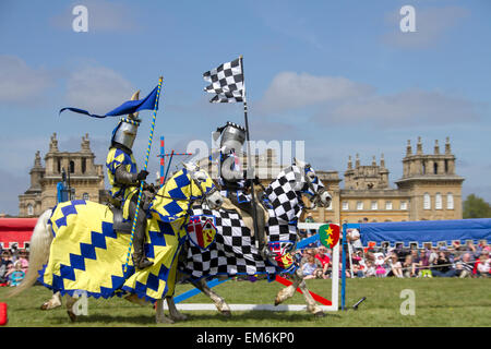 Medieval knights on their horses at the jousting tournamet held in Blenheim Palace, Oxford Stock Photo