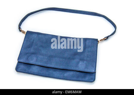 Navy blue leather Boden clutch bag isolated on a white studio background. Stock Photo