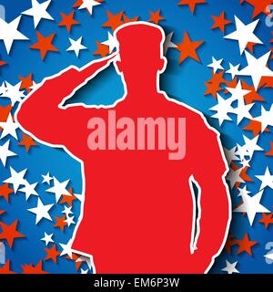 Saluting soldier silhouette on starry background Stock Vector