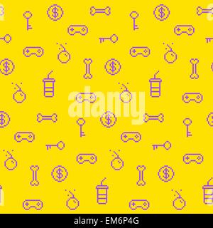 Seamless oldschool gaming inspired pattern, game icons, achievements, 90s background Stock Vector