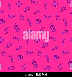 Seamless oldschool gaming inspired pattern, game icons, achievements, 90s background Stock Vector