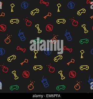 Seamless oldschool gaming inspired pattern, game icons, achievements, 90s background Stock Vector
