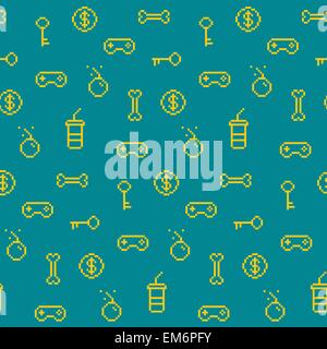 Seamless oldschool gaming inspired pattern, game icons, achievements, 90s background Stock Vector