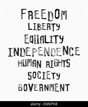 Freedom, independence, equality concept, word cloud in uneven vintage stamp style Stock Vector