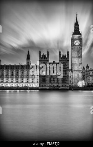 Black and white photograph of Big Ben.   London is truly magical just after the sunset at the twilight hour. Its timeless archit Stock Photo