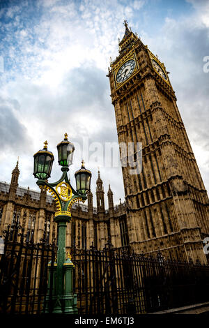 Big Ben and the golden and green lamp post. London is truly magical city in England. Its timeless architecture stands out with m Stock Photo