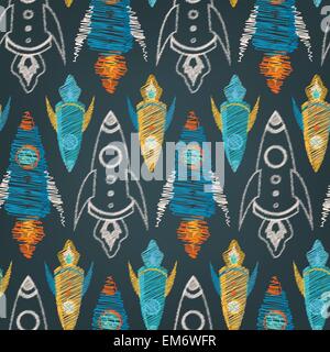 Seamless vector pattern of colorful kid hand drawn style rockets Stock Vector