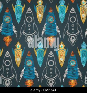 Seamless vector pattern of colorful kid hand drawn style rockets Stock Vector