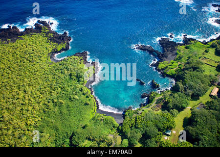 USA, Hawaii, Aerial View of Waianapanapa State Park; Maui Stock Photo
