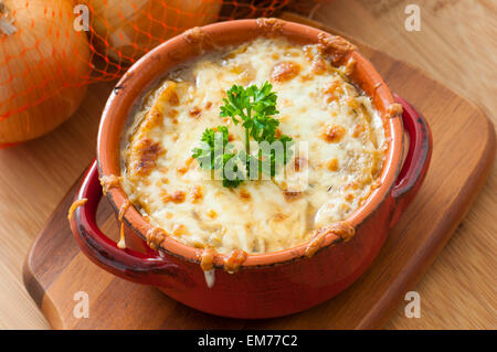 Homemade baked French Onion Soup with cheese Stock Photo