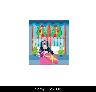 girl opening a Christmas  present box with a wonderful surprise Stock Vector