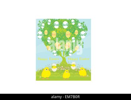 cute chickens and Easter tree Stock Vector