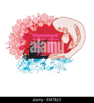 Japanese koi and ancient building background Stock Vector