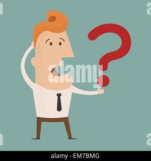 Business man scratches his head in indecision on a question mark Stock Vector